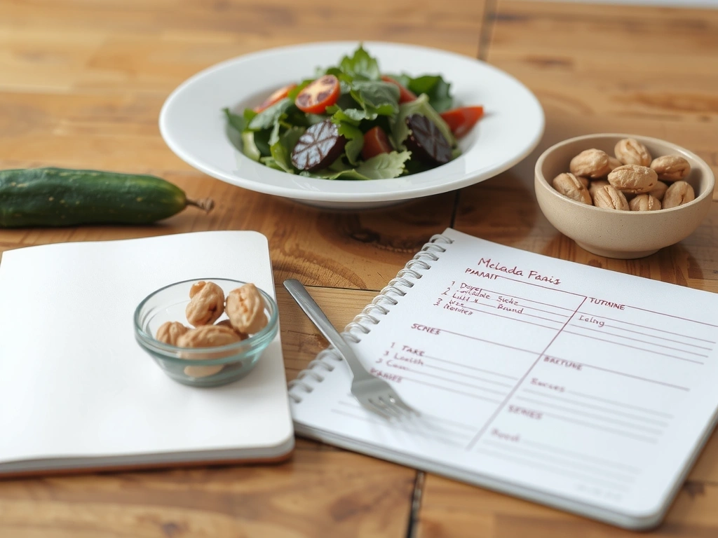 Frischer Salat und Notizen zur Ernährungsplanung auf einem Holztisch
